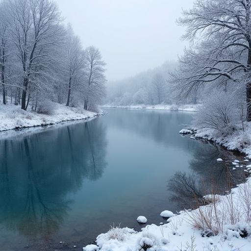 A serene winter landscape featuring a frozen pond surrounded by snow-covered trees and a tranquil river.