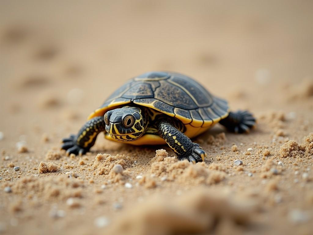 a close-up photograph of a turtle on sand, highlighting its intricate shell patterns and distinct colors in natural lighting.