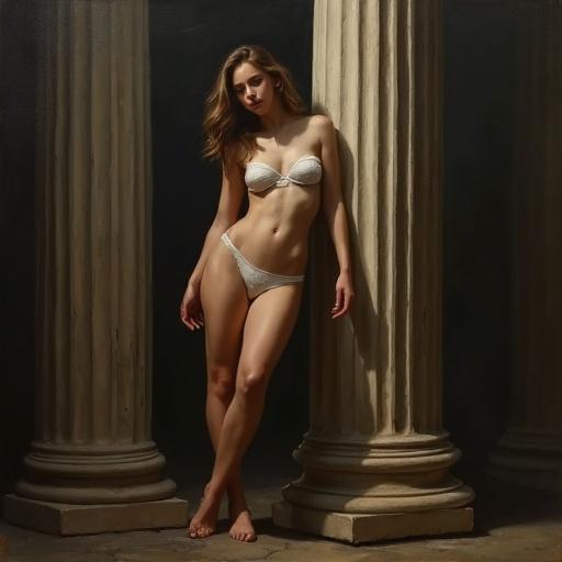 Female figure unfastened, leaning against a neoclassical column. Chiaroscuro lighting creates dramatic shadows. Soft realistic skin tones and rich brush strokes in oil on canvas. Classical realism style with a dark abstract background. Inspired by Jeremy Lipking. Elegant pose with refined anatomy.