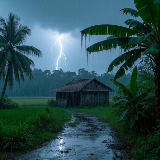A rural house in a village surrounded by trees and fields. It's raining heavily with an overcast sky and lightning. Close-up of rainwater dripping from the roof and splashing into puddles. The scene captures the calm and dramatic atmosphere of a rainy day.
