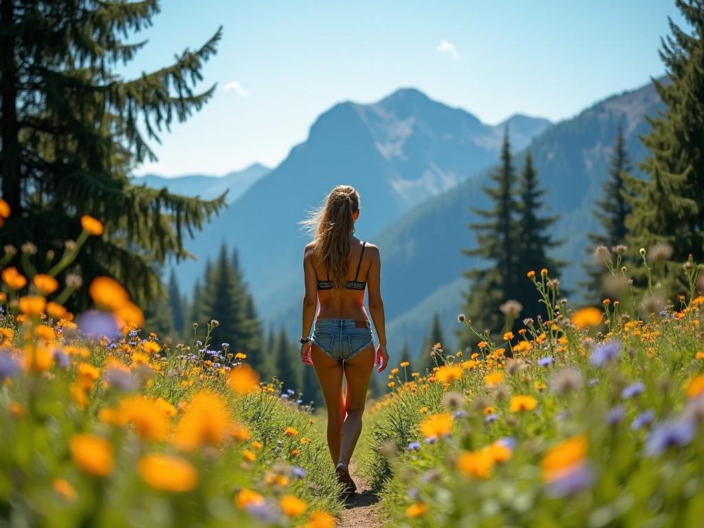 A person is hiking in a beautiful natural setting. She is wearing a bikini, enjoying the warmth of the sun. Surrounding her are vibrant flowers in various colors. The backdrop features majestic mountains and a clear sky. The scene conveys freedom and a love for nature.