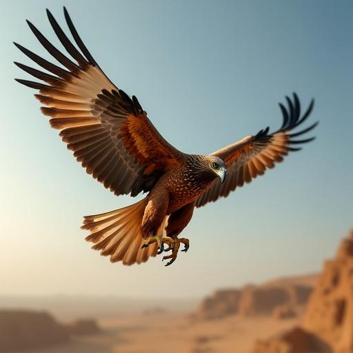 Large purebred Arabian eagle in flight portrayed in a majestic scene