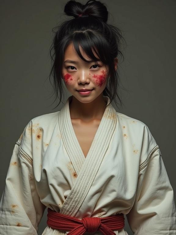 Realistic athletic woman wearing a worn-out karate gi. Hair is untidy with an asymmetrical style. Face has heavy bruises and dirt smudges. Appears exhausted but smiling. Hands placed on her belt.