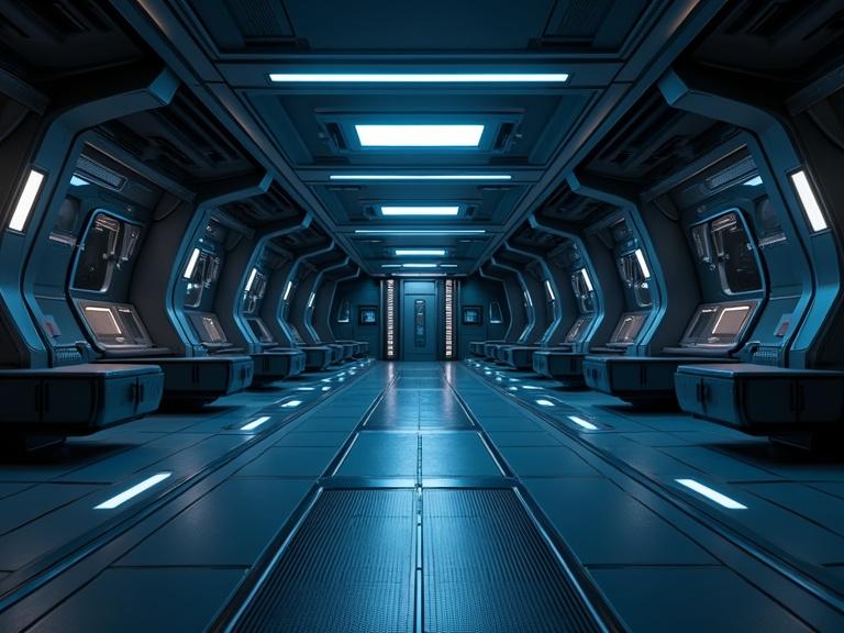 Sleek dark atmospheric star cruiser bridge with greyish blue tones. Features include intricate details, textures and subtle shadows. Soft reflections enhance the futuristic design. Image designed in 4k resolution.