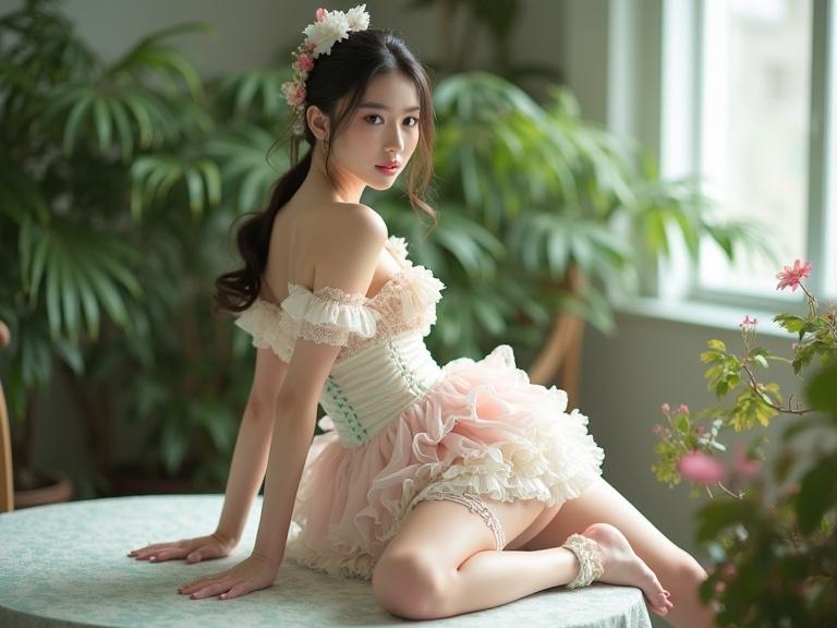 Full body shot of a lady adorned in a pastel-colored frilly outfit on all fours on a table. Well-lit room with greenery. Corset top with lace and frills in pink, cream, and mint green. Sweetheart neckline and off-the-shoulder design. Vintage fairytale feel. Tied hair and serene expression. Pale pink stockings with rose embroidery garter belts. Soft, natural light highlights details. Lush indoor environment with plants.