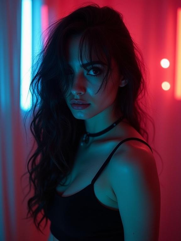 A stunning photograph featuring a beautiful woman with long black hair and huge bouncy waves. She is wearing a black minidress and looks directly at the viewer from a low angle perspective. The image uses neon-lit pop art elements with a focus on deep shadows and moody lighting. Taken with Ektachrome film, capturing film grain and floating dust particles.
