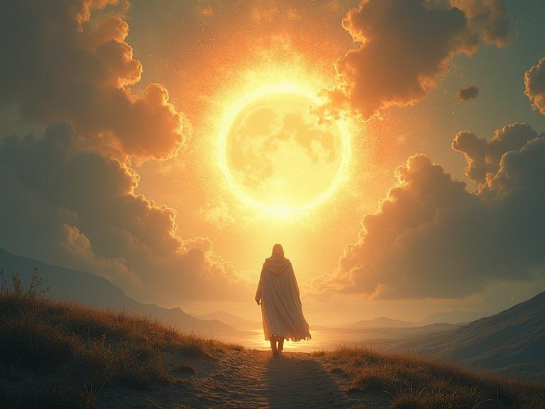 Enoch walking toward a glowing portal in the sky with a mystical landscape below featuring ethereal colors and a symbolic style