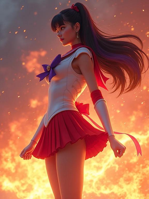 Princess Sailor Mars stands in a futuristic sailor uniform. The outfit is red and white with a purple bow. Pleated red miniskirt has illuminated panels. Her long black and purple hair flows in the wind. The background features vivid flames emphasizing her strength.