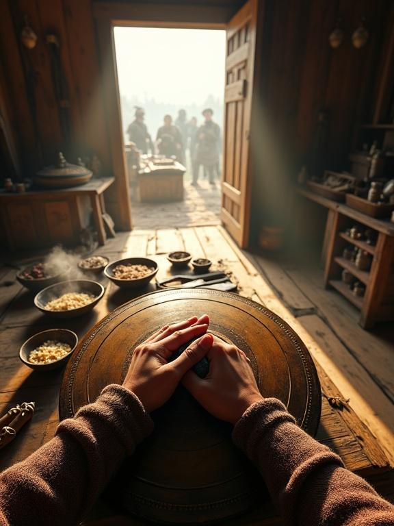 First-person perspective with hands gripping wooden shield on table. Longhouse atmosphere with sounds of warriors preparing for battle. Sunlight streams through doorway. Cluttered table with weapons and supplies. Bowl of porridge and salted fish nearby. Steam rising in morning light.