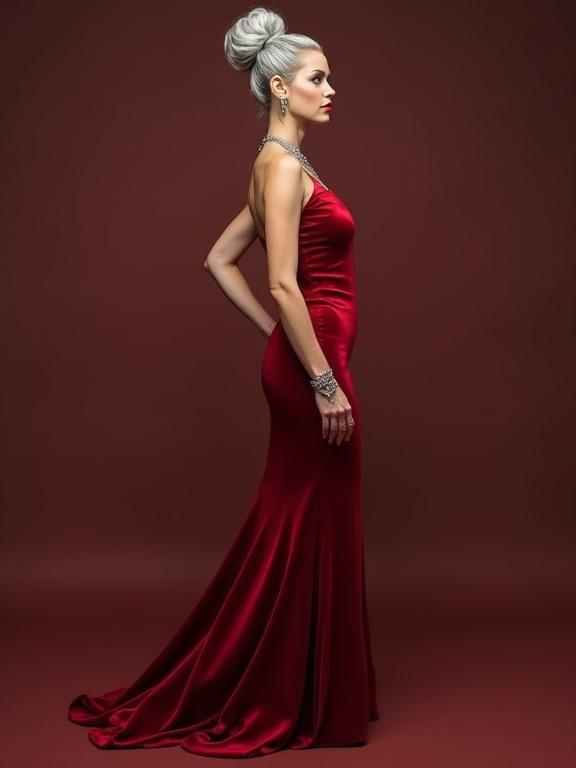 Model poses confidently in a side profile. Woman exudes elegance. Dressed in a tight red velvet gown. Hair styled in a high silver bun. Background is a solid brown. Ideal for galas or formal events.