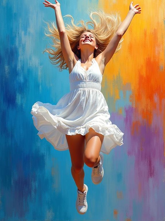 Young woman with blonde hair in a white dress and sneakers, arms raised, smiling joyfully, leaping upwards, wind blowing hair and dress, against a vibrant abstract background.