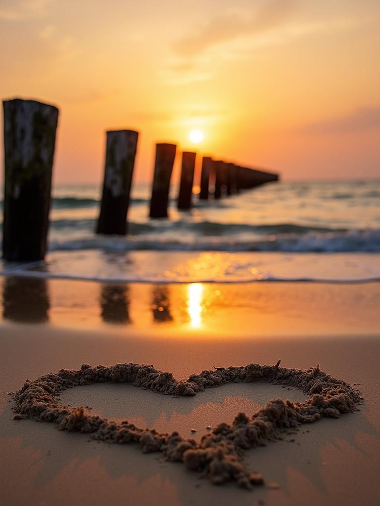 Professional stock photo shows serene beach scene during sunset. Sky painted in warm hues of orange and yellow. Golden glow over water and sand. Heart shape drawn in sand. Line of weathered wooden posts extends from shore into water. Waves gently lap against posts. Overall atmosphere is calm and peaceful. Image captures tranquility and romance of a sunset by the sea.