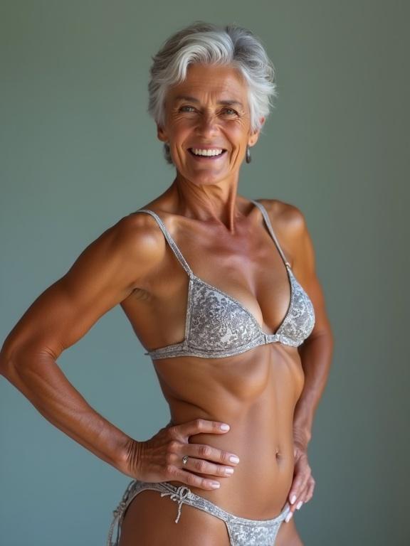 Mature woman with short grey hair wearing a bikini displays toned abs and strong physique. She poses with hands on hips and smiles while looking at the camera. The background is softly muted to enhance the subject.