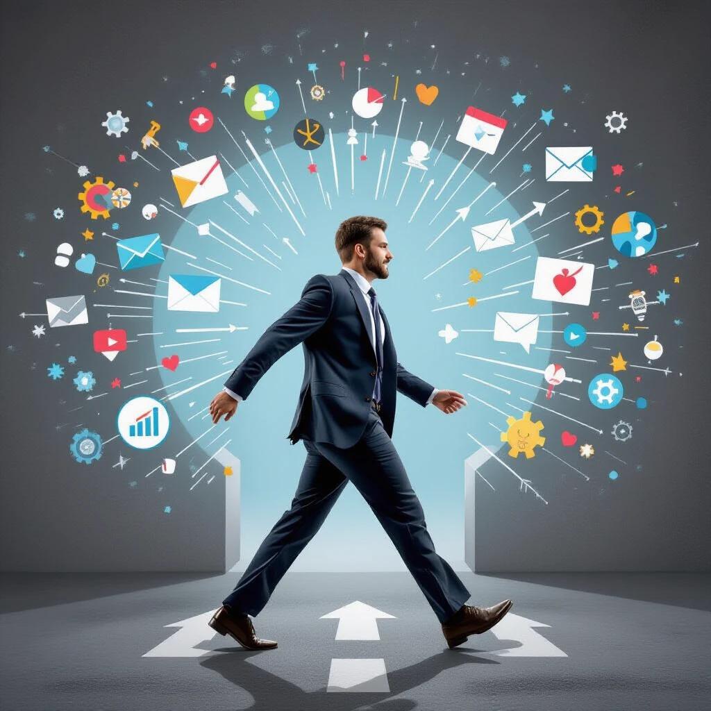 A professional man walks confidently through a bright path filled with various digital icons and symbols. The design illustrates motivation and the journey of correcting past mistakes.