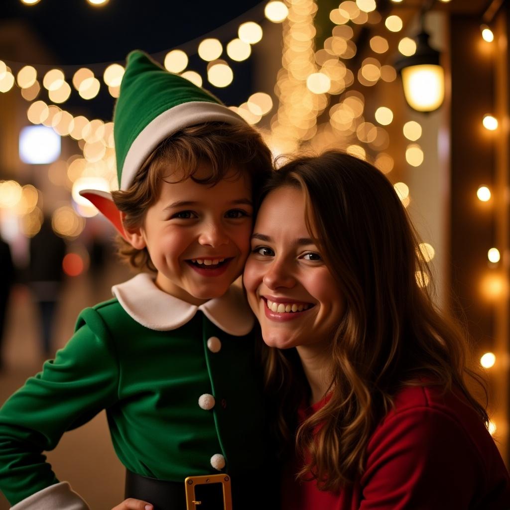 Elf character poses playfully with a person. Background features holiday lights. Scene conveys joyful interaction.