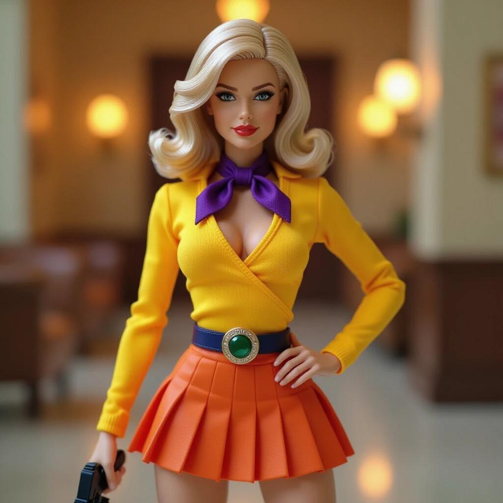 Full-body action figure of a woman in a dynamic pose. Background features blurred indoor setting with warm light. Woman has blonde voluminous hair styled with outward flip. She has a fair skin tone. Wearing a yellow long-sleeved top with plunging V-neckline. Purple necktie fastened at her neck. Reddish-orange pleated mini-skirt. Dark blue belt with silver buckle and green gem. Long dark purple gloves on arms. Thigh-high dark purple boots. Left hand raised to chest holding a cigarillo with faint smoke. Calm expression with slightly closed eyes. Dark eyeliner used.