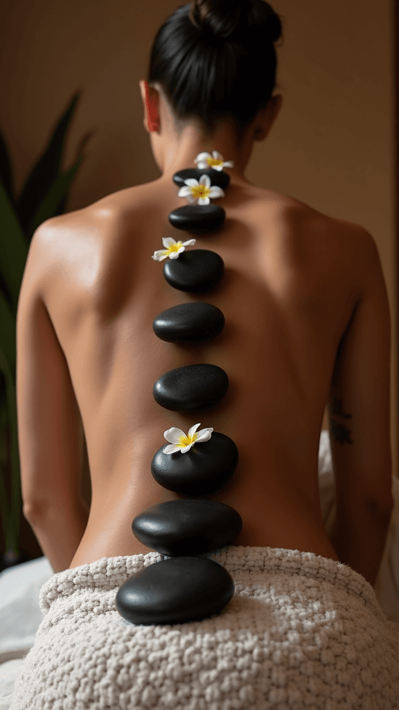 A person is lying face down with hot stones and flowers placed on their back for relaxation.