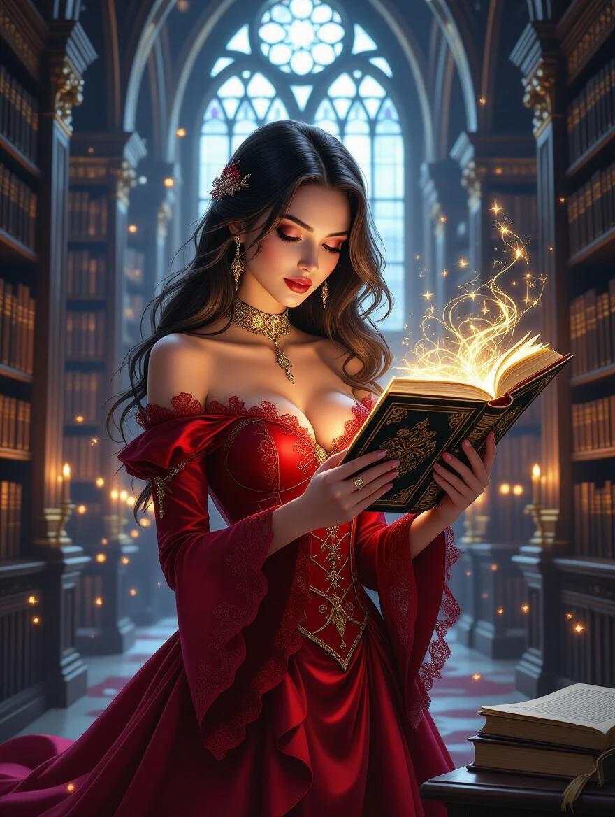 A magical woman in a grand library reads an ancient spellbook. She wears a stunning red gothic dress. The enchanting book and her expression are the main focus. The warm glow enhances the magical atmosphere.