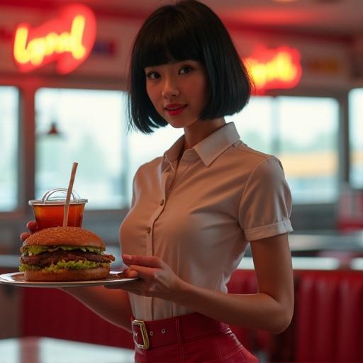 Hot USA waitress with short black hair in a short skirt at an American diner. Bringing hamburgers and sodas. Friendly and welcoming expression.
