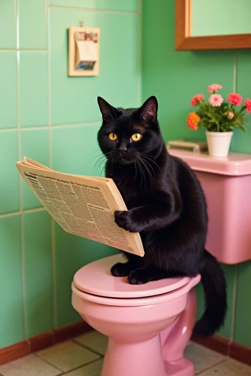 A cute black cat sits on a pink toilet while reading a newspaper. The bathroom has green wall tiles and flowers. The scene captures a humorous and playful essence with a 70s retro style. An analog camera creates a warm atmosphere.