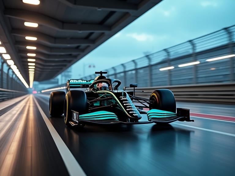 Futuristic Formula 1 race car features black and turquoise livery speeds through modern pit lane at dusk. Motion blur captures extreme speed while lights streak above the track.