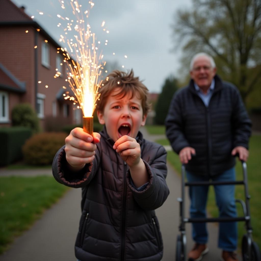 A 12-year-old boy excitedly throws a recently lit Cobra 6 firework towards the camera, set in a Dutch street scene typical of a Vinex neighborhood. In the background, a distressed younger person runs anxiously while an older man with a walker looks on with concern. The atmosphere captures a mix of excitement and worry, showcasing a moment of family dynamics and community interactions. The scene is alive with a burst of light from the sparkler, contrasting with the subdued colors of the environment. This image highlights the blend of joyful childhood moments and the importance of safety in community settings.