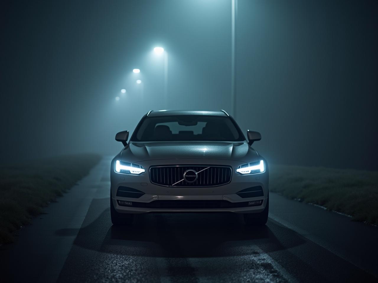 A Volvo V90 is prominently displayed under street lights during a foggy night. The fog creates a mystic atmosphere, enhancing the car's elegant design. The headlights of the vehicle shine brightly, cutting through the dense fog. The soft glow of the surrounding lights adds a cinematic effect. The scene captures a serene moment in the automotive world.