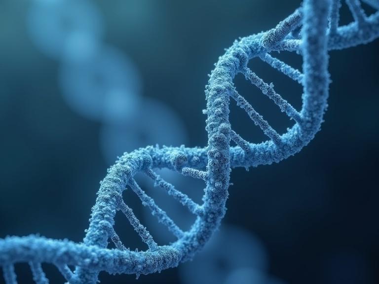Strands of DNA form the number 57 in double helix structure. Background is dark with blue tones.