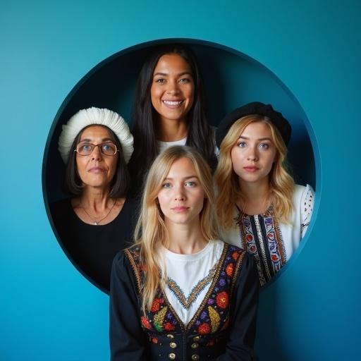 Four women centered in a circular opening. Upper two women are smiling with mixed expressions. They wear traditional folk attire and berets. The lower woman is seated, looking concerned. All women have blue eyes and look at the viewer. Background is blue.