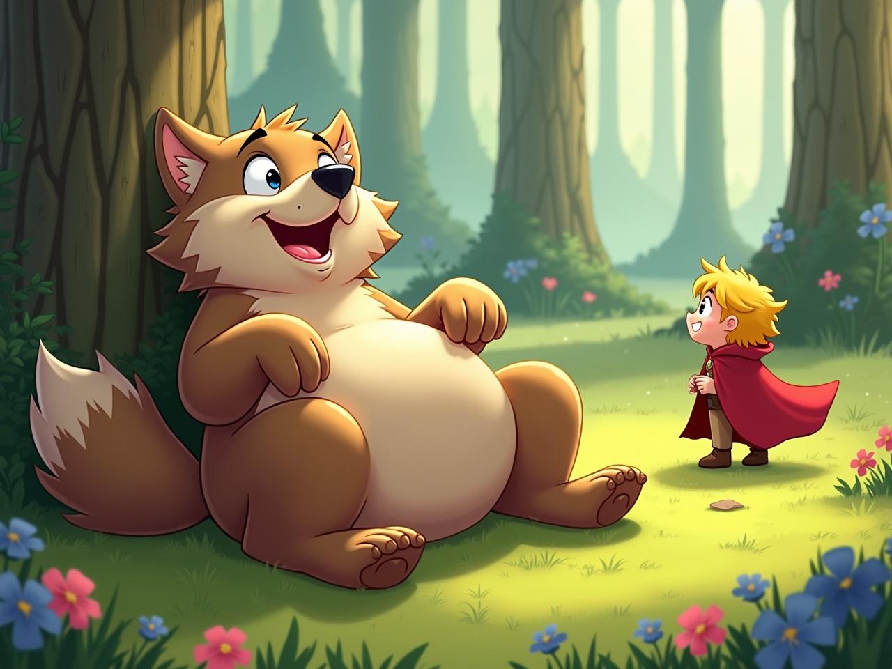 A cartoon wolf is lying down on its back with its arms beside itself, looking joyful and smiling. The setting is a vibrant forest with tall trees and colorful flowers around. Sunlight filters through the greenery, casting playful shadows on the ground. The wolf is plump and fluffy, with a shiny coat and exaggerated features that convey a sense of warmth and friendliness. Nearby, a small character in a red cloak watches the wolf with curiosity and delight.