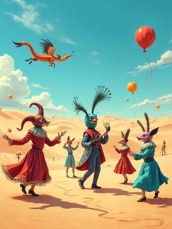 A vast desert landscape with smooth sand dunes under a bright blue sky. Characters in Commedia dell'Arte costumes with animal masks dance joyfully. Include oversized musical instruments and a banquet table with surreal foods. Show large kites and colorful balloons in the sky. Use vibrant colors and intricate patterns.