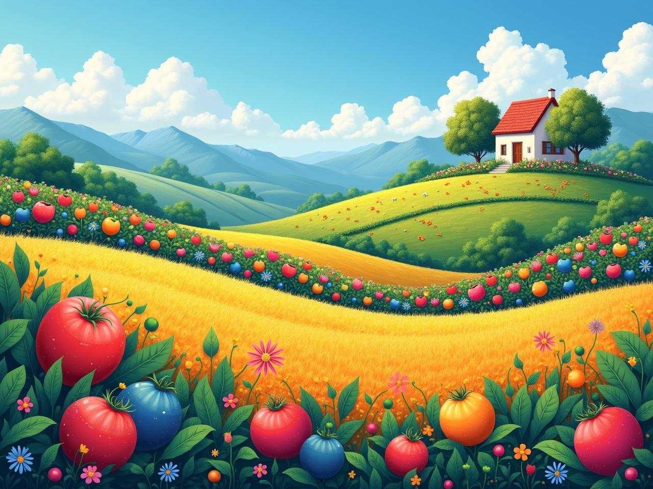 This image depicts a vibrant countryside scenery. Rolling hills are adorned with various colors of flowers and plants, creating a beautiful mosaic of colors. In the foreground, a field is filled with round, colorful fruits blending with green foliage. A charming house with vibrant flowers is situated on top of a hill, enhancing the picturesque view. The sky is bright with fluffy white clouds and the mountains can be seen in the background, adding depth to the landscape. The entire scene evokes a sense of tranquility and beauty in nature.