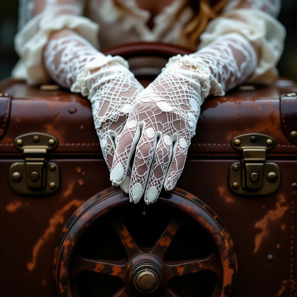 Close up on lace gloves gripping a leather suitcase. Suitcase wheels are rusted with droplets. Texture is hyperdetailed and vivid.