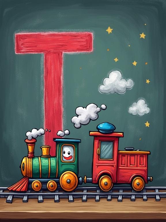 Delightful cartoon illustration of a slate-gray chalkboard with a bold letter T drawn in red chalk featuring friendly eyes and a train-conductor’s hat. Next to it, a charming cartoon train with a smiling face, puffy smoke shaped like hearts or stars. Include fun details such as chalk-drawn railroad tracks, tiny clouds, and a wooden chalkboard frame with doodled signals. Bright primary colors with soft chalk textures and a playful transportation vibe.