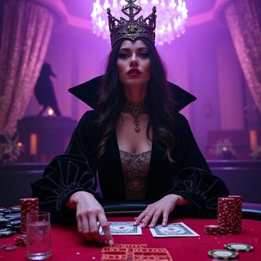 Gothic sorceress in a casino. Dressed in black velvet with occult symbols. Stacking blood-red chips. Attending a high-stakes game. Tarot cards visible on the table. Surroundings dimly lit with purple neon lights. Air filled with tension and intrigue. Shadows of past losers fade away. Crow perched above.