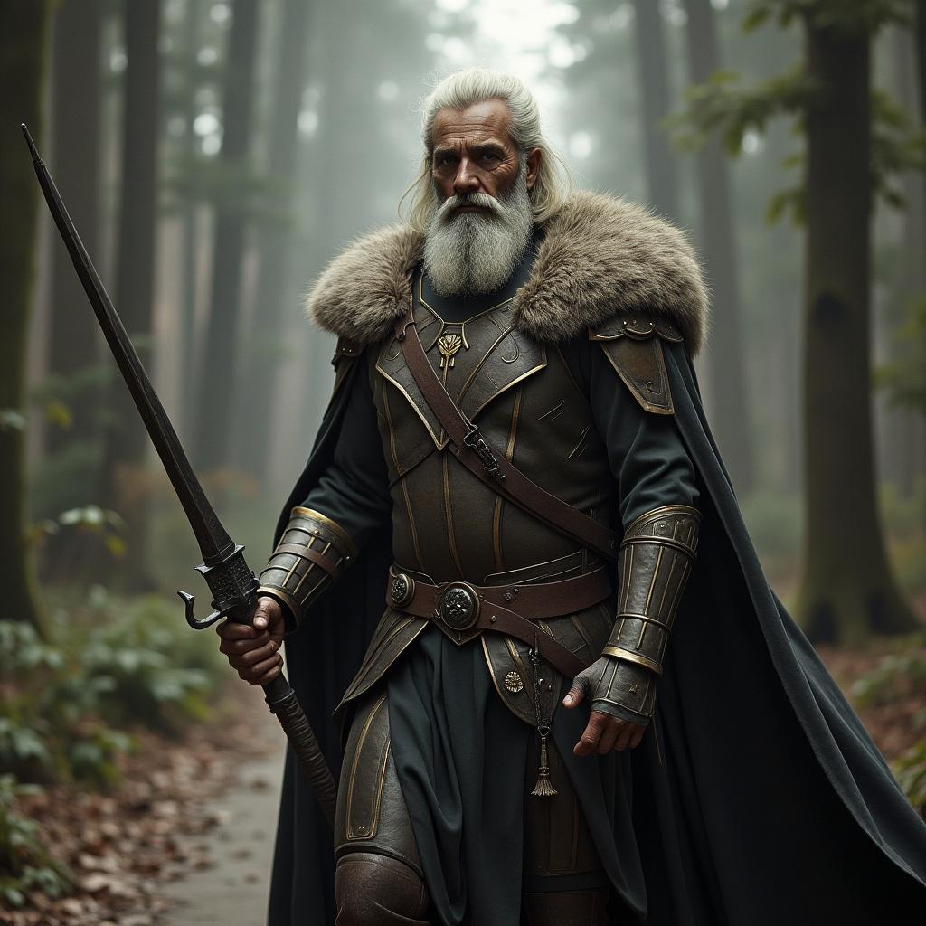 The image depicts a brave warrior standing in a mystical forest. He has long grey hair and a full beard, dressed in ornate armor adorned with intricate designs. A fur-lined cloak drapes around him, adding a regal touch. He holds a finely crafted sword with a confident grip. The background is filled with tall trees shrouded in mist, creating a mysterious atmosphere. Soft light filters through the foliage, highlighting the warrior as if he is on a quest. This setting evokes the themes of bravery and adventure in a fantasy context.