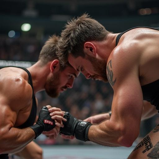 Wrestlers engage in an intense match capturing expressions and action during competition.