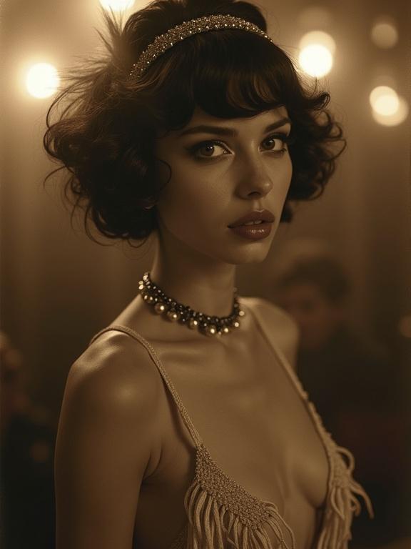 Vintage photo of a singer in a 1920's speakeasy. She wears a stylish flapper dress. The photo features sepia soft focus. The background has soft lights. A vintage aesthetic is present.