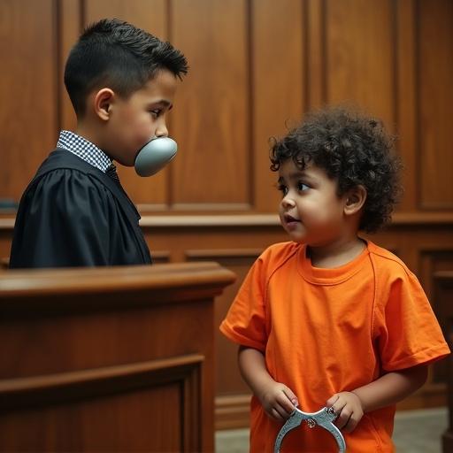 A young boy pretends to be a judge in a courtroom. His mother appears as a prisoner in an orange jumpsuit. The mother has handcuffs and seems emotional. The boy has a pacifier in his mouth acting serious. The setting shows wooden panels and seating of a courtroom.