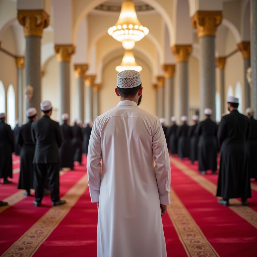 A group of people standing in prayer inside a beautifully decorated mosque, with a focus on the person in the foreground wearing traditional Islamic clothing.