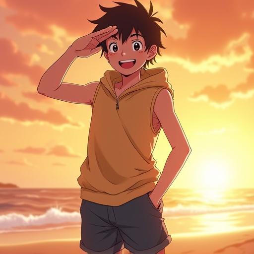 A 13-year-old Japanese boy smiles cheerfully on a beach. He wears a sleeveless hoodie and shorts. The boy is in a salute pose with the sunset sky behind him. The illustration is in anime style with vibrant colors. The focus is on the boy's energetic appearance.