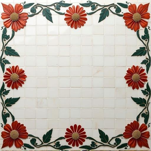A large rectangular Andalusian mosaic made of clean white tiles features a design of red floral motifs. The mosaic is arranged with 30 tiles wide by 10 tiles high. It is surrounded by reddish floral elements for a decorative purpose.