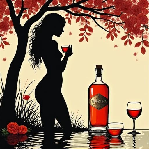 A modern linocut silhouette artwork depicts a goddess near a pond in an orchard. She holds a low glass with reddish liqueur. A bottle of 'ALFRUNO' with a cork stands nearby. The scene features roses, rosemary, and reflections in the water. Bold black outlines contrast against a uni-beige background.