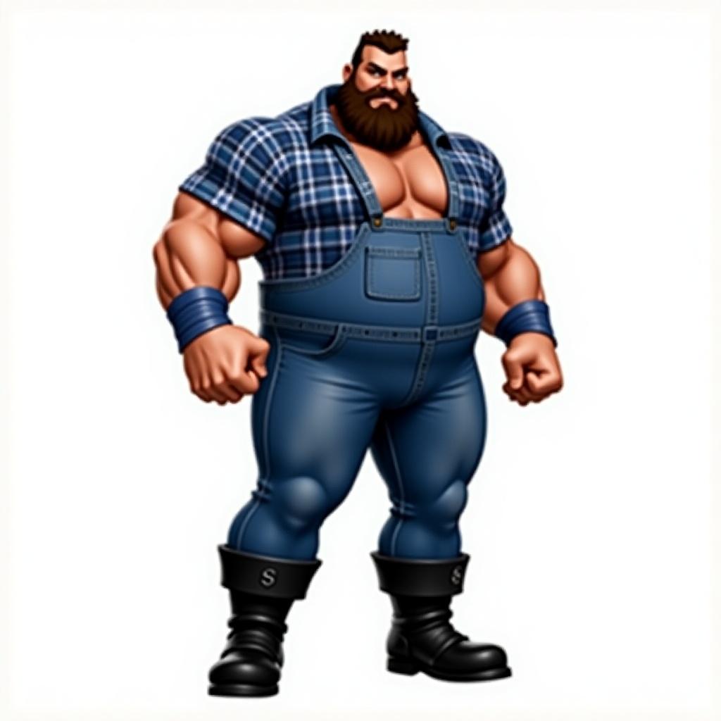 Cartoon character. Muscular man portrayed as a wrestler. Wears a blue checked shirt and blue overalls. Black boots and styled beard. Short hair.