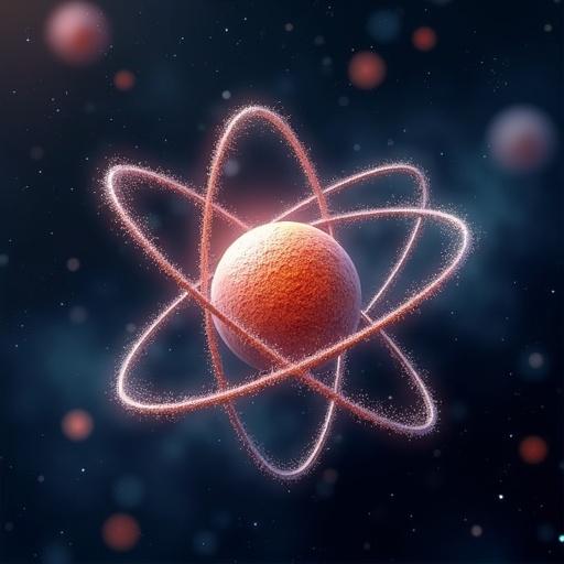 A digital illustration representing an atom with electrons orbiting around it. The atom is depicted with a red color and surrounded by glowing rings, set against a dark cosmic background.