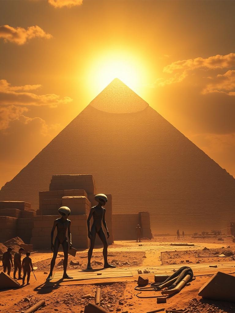 In this surreal image, two alien-like figures stand amidst ancient ruins in front of a majestic pyramid, illuminated by a dramatic sunset. The scene is bathed in golden hues, with the sun perfectly aligned at the pyramid's apex, creating an ethereal glow. The mix of ancient human culture and futuristic elements evokes a sense of mystery and otherworldliness.