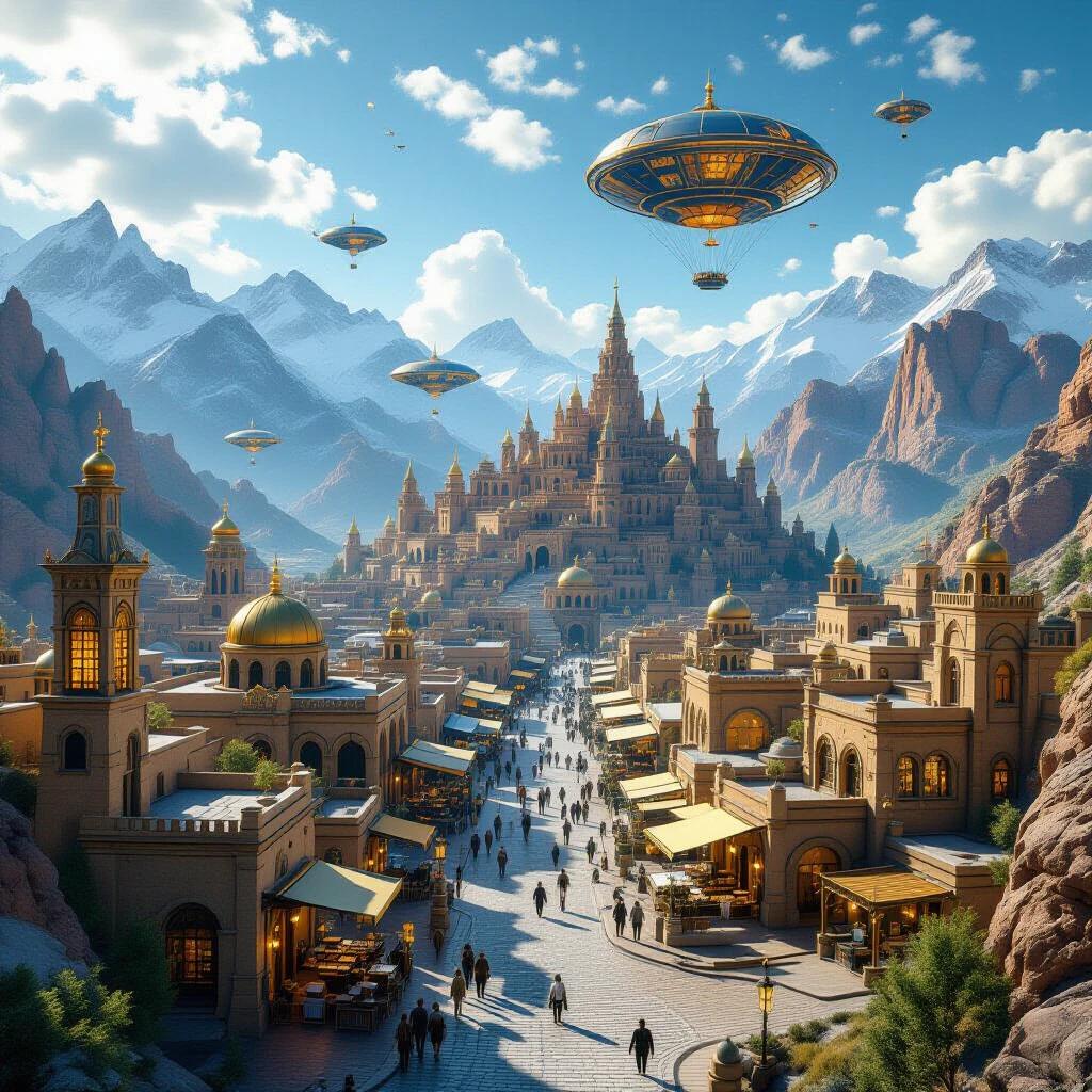 Close aerial view of a capital city downtown area in a mystical society. Surrounded by mountains and valleys. Showcases beautiful architecture including 3D-printed structures, wrought iron towers, stone buildings, Pueblo Revival buildings, and Fachwerkhäuser. Sparse alien technology with mystical-looking blimps and hot air balloons. Magical nebula enveloping the scene.