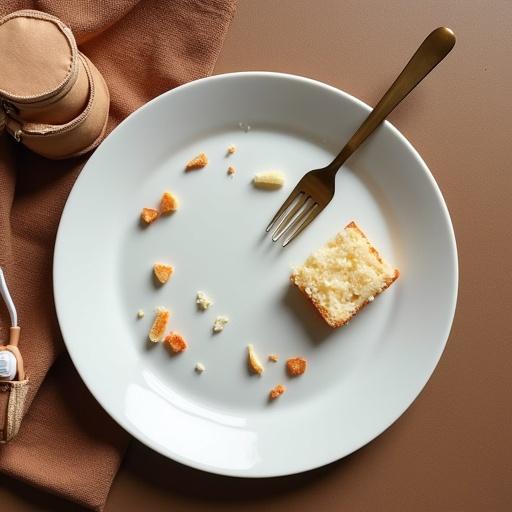 Overhead view of an empty plate with few scraps of food, a fork is placed on the plate, a small purse containing a clean toothbrush is nearby, on a brown tablecloth.