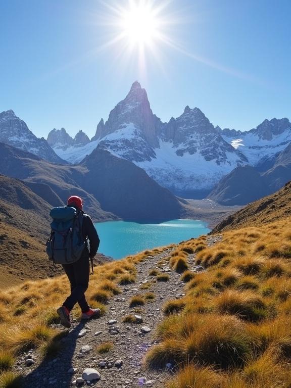 Trekking in Chaltén region of Argentina. Hiker walking on a rocky trail surrounded by mountains and a lake under clear blue sky and bright sun.