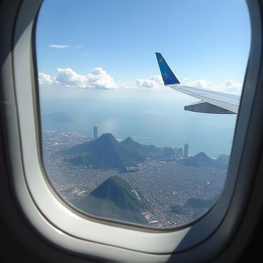 Aerial view from an airplane cabin. Cityscape of Rio de Janeiro. Mountain landscapes visible. Clear skies. Plane wing is in the frame.